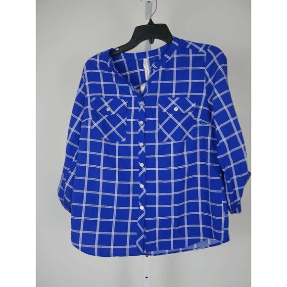 NY Collection Women's Blue Petite 3/4 Sleeve Roll Tab Y Neck Blouse PL - Picture 2 of 7